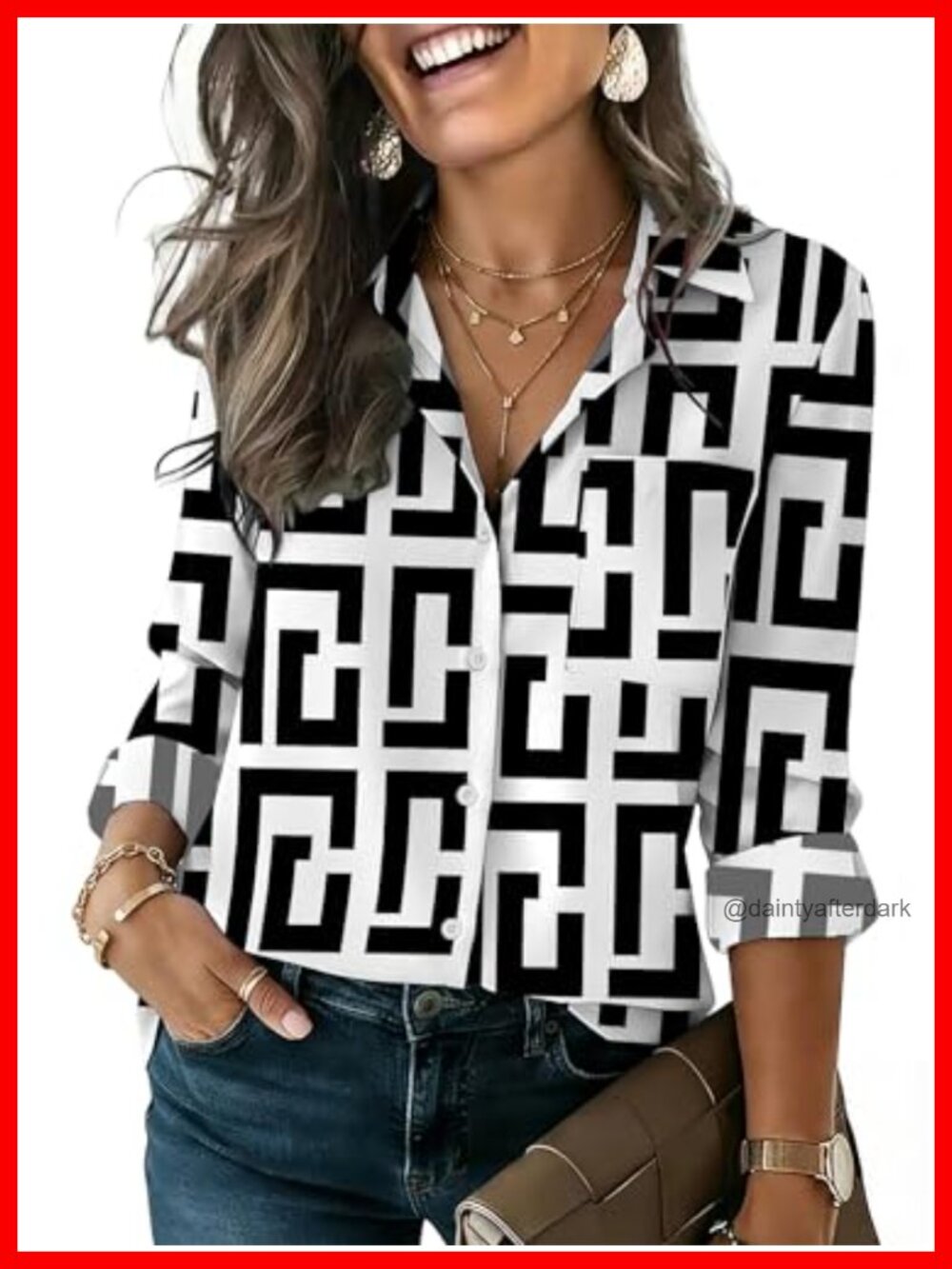 HOTOUCH Women's Long Sleeve Button Down Shirt V-Neck Geometric Blouse